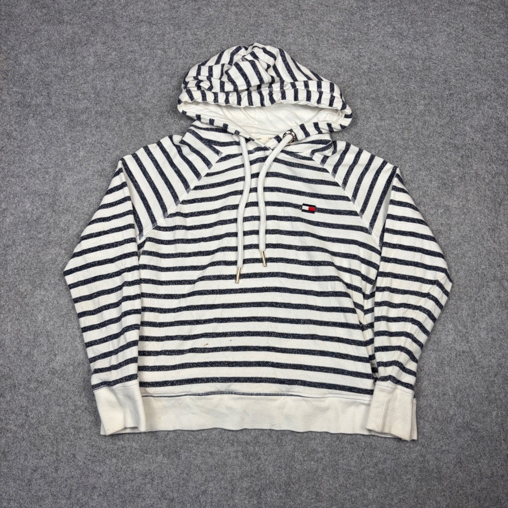 Tommy Hilfiger Sport Striped Hoodie Womens Large Navy White Raglan Sweatshirt